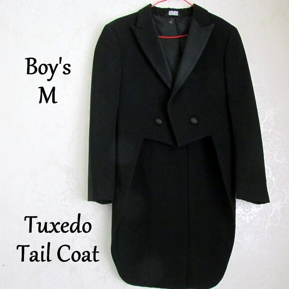 BOY'S BLACK TUXEDO TAIL COAT, M, AFTER SIX TUX JACKET, FORMAL WEDDING COAT - Picture 1 of 5